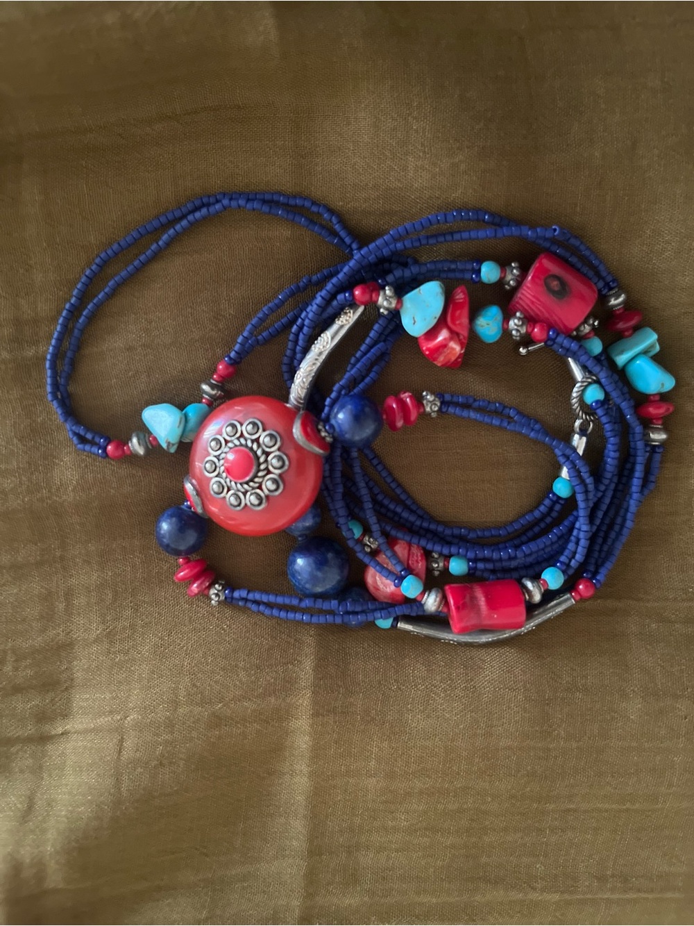 Handcrafted Blue, Red & Turquoise Multi-Strand Beaded Necklace